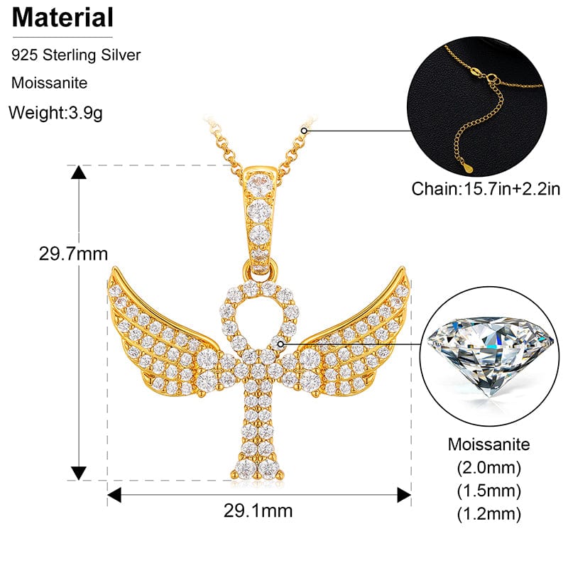 925 Sterling Silver  - VVS Moisasnite Diamond Wing Ankh Cross Pendant Necklace