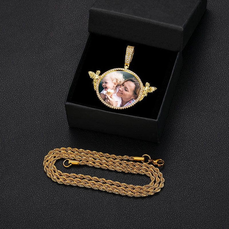 Angel Guard Custom Picture Necklace Iced Out 18K Gold Plated ZIrcon Photo Pendant With Chain