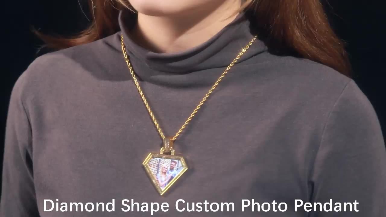 ashion Personalize Sublimation Blank Diamond Shape Baguette Zircon Custom Photo Frame Pendant Necklace