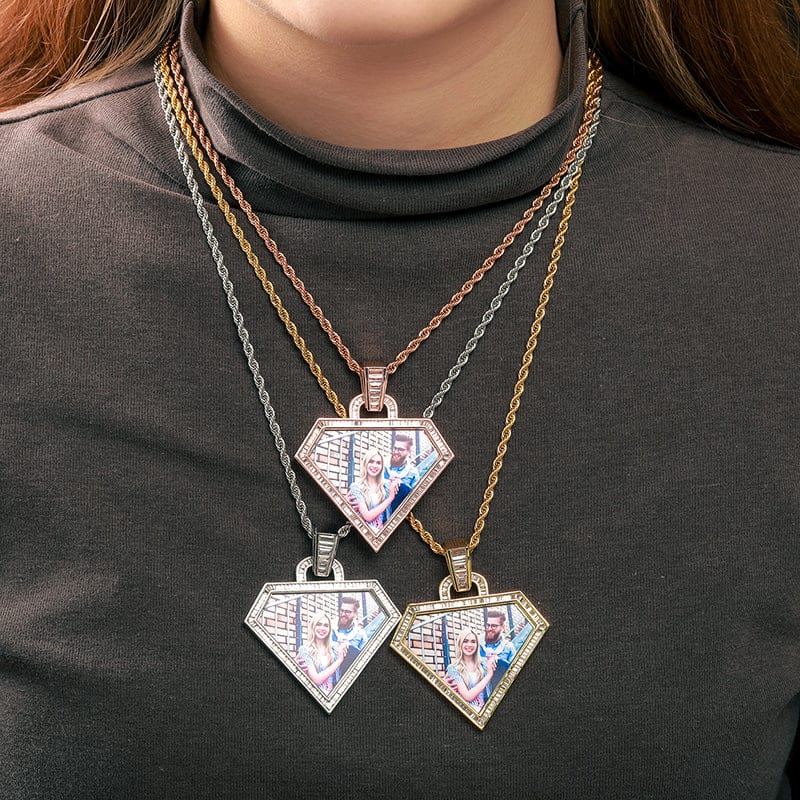 ashion Personalize Sublimation Blank Diamond Shape Baguette Zircon Custom Photo Frame Pendant Necklace