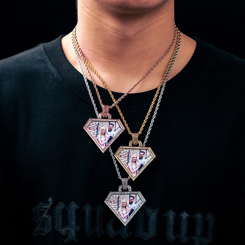 ashion Personalize Sublimation Blank Diamond Shape Baguette Zircon Custom Photo Frame Pendant Necklace