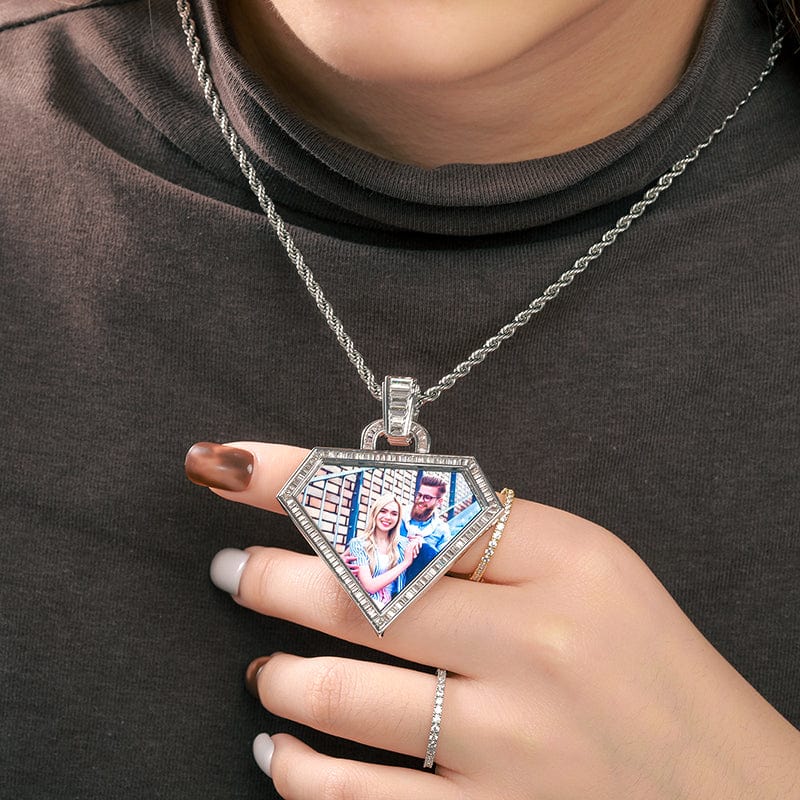 ashion Personalize Sublimation Blank Diamond Shape Baguette Zircon Custom Photo Frame Pendant Necklace
