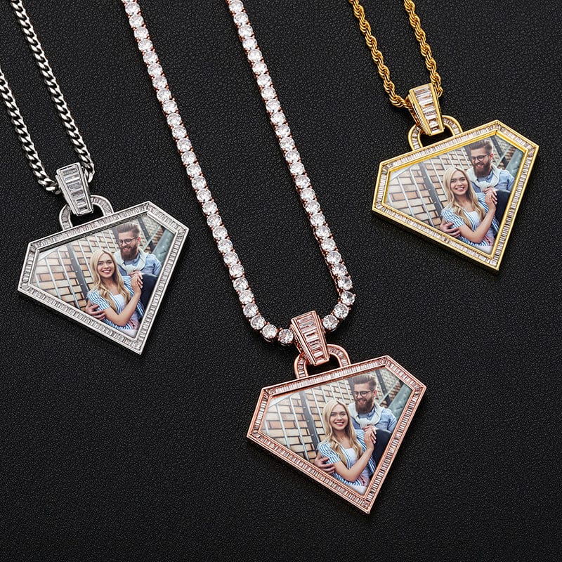 ashion Personalize Sublimation Blank Diamond Shape Baguette Zircon Custom Photo Frame Pendant Necklace