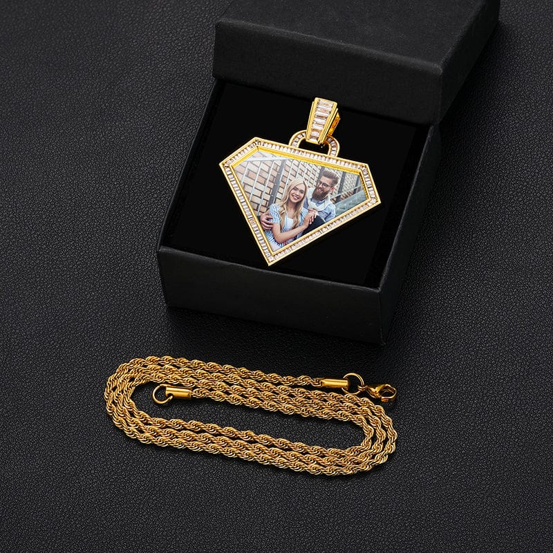 ashion Personalize Sublimation Blank Diamond Shape Baguette Zircon Custom Photo Frame Pendant Necklace
