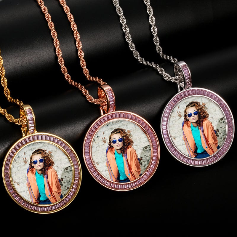 Baguette Crystal Gemstone Bling Bling Charms Necklace Hip Hop Round Sublimation Picture Pendant