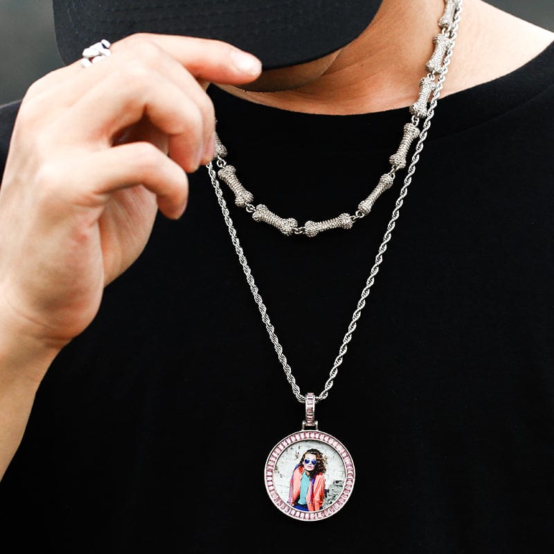Baguette Crystal Gemstone Bling Bling Charms Necklace Hip Hop Round Sublimation Picture Pendant