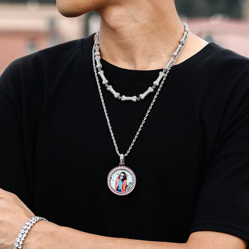 Baguette Crystal Gemstone Bling Bling Charms Necklace Hip Hop Round Sublimation Picture Pendant