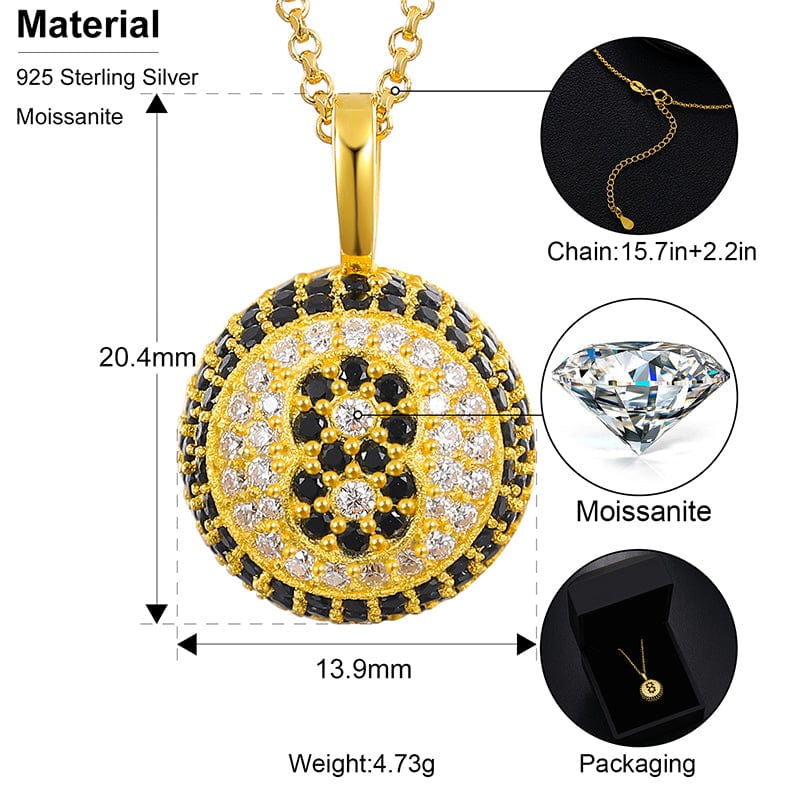 Bling Bling Prong Setting - VVS Moissanite Gold Plated 925 Silver Number 8 Billiard Charm Pendant Necklace