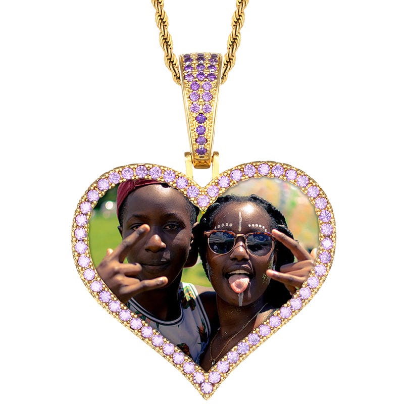 Blue Gold Custom Heart Shape Iced Out Cuban Chain Photo Pendant Designer Charms For Jewelry Making