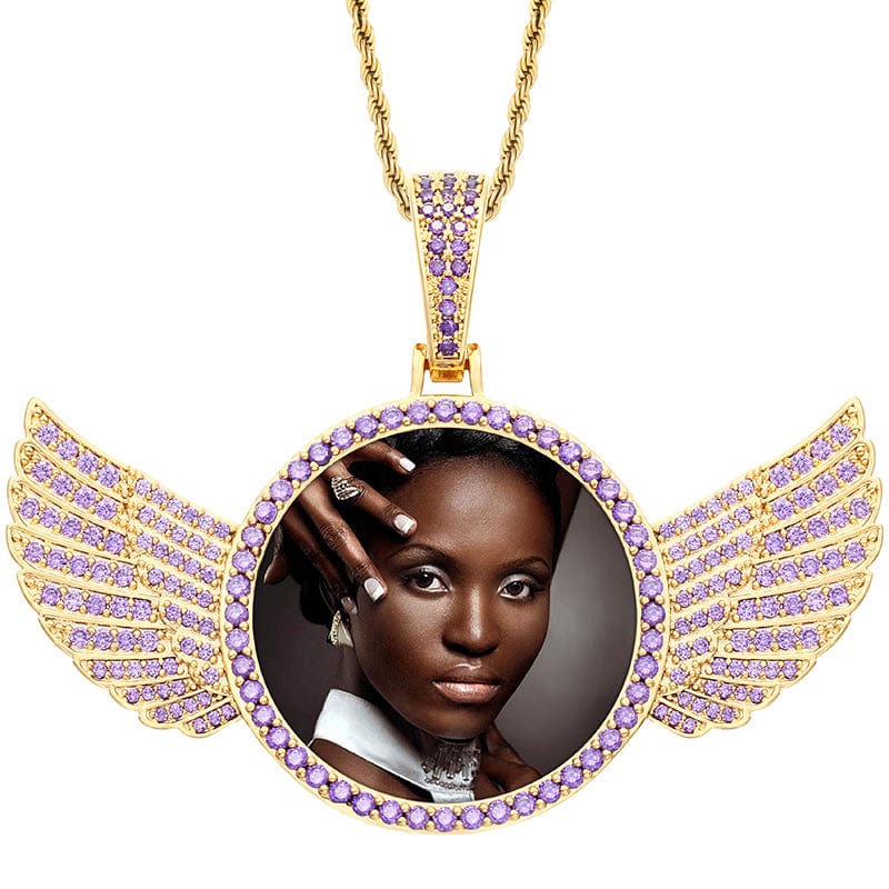Blue Gold Photo Necklace Pendant Gold Plated Brass Colorful CZ Stone Iced Out Wing Custom Photo Pendant