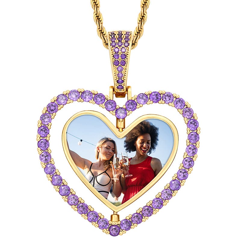 Blue Gold Two Side Heart Spin Hip Hop Silver Jewelry Crystal Charms Photo Pendant Gold Plated Picture Pendant