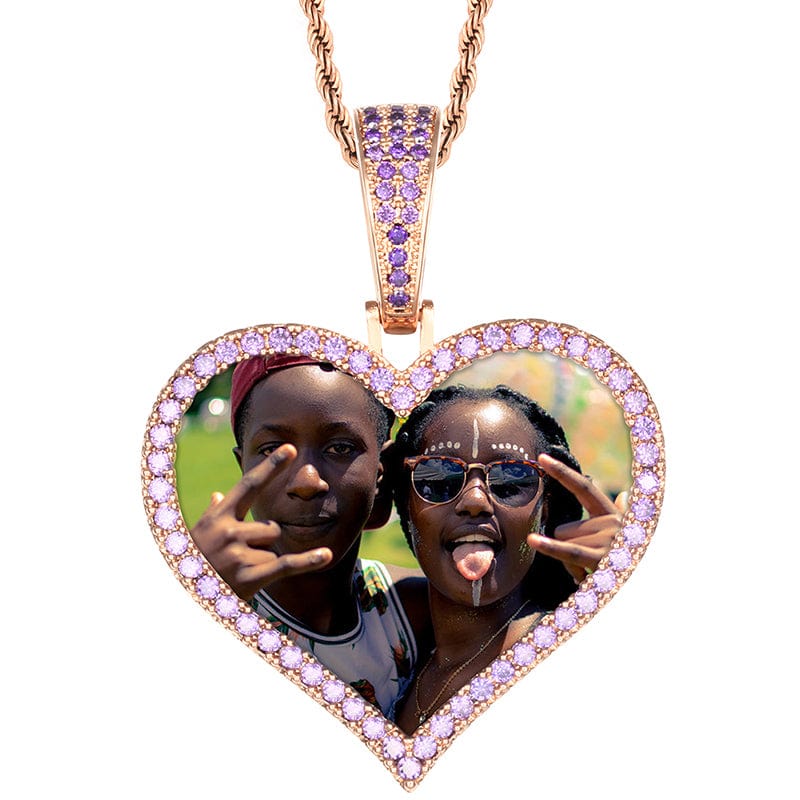 Blue Rose Gold Custom Heart Shape Iced Out Cuban Chain Photo Pendant Designer Charms For Jewelry Making