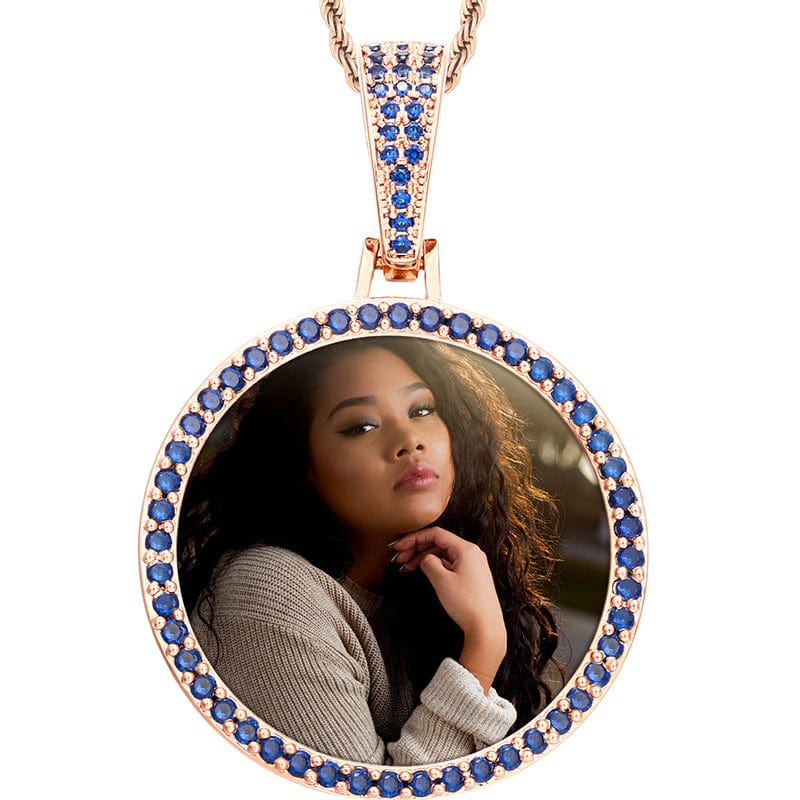 Blue-Rose Gold Iced Out Gold Plated Colorful Zircon Sublimation Blanks Pendant Necklace Custom Memorial Photo Frame Pendant