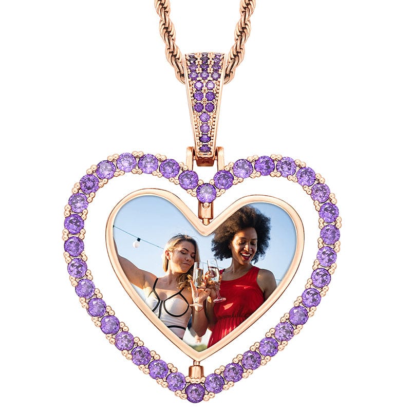 Blue Rose Gold Two Side Heart Spin Hip Hop Silver Jewelry Crystal Charms Photo Pendant Gold Plated Picture Pendant
