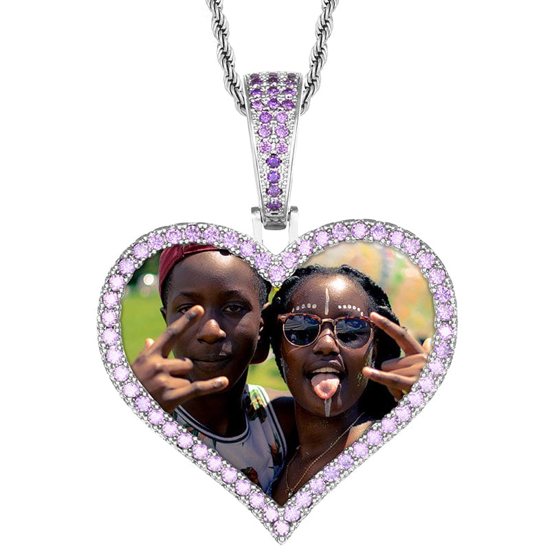 Blue Silver Custom Heart Shape Iced Out Cuban Chain Photo Pendant Designer Charms For Jewelry Making