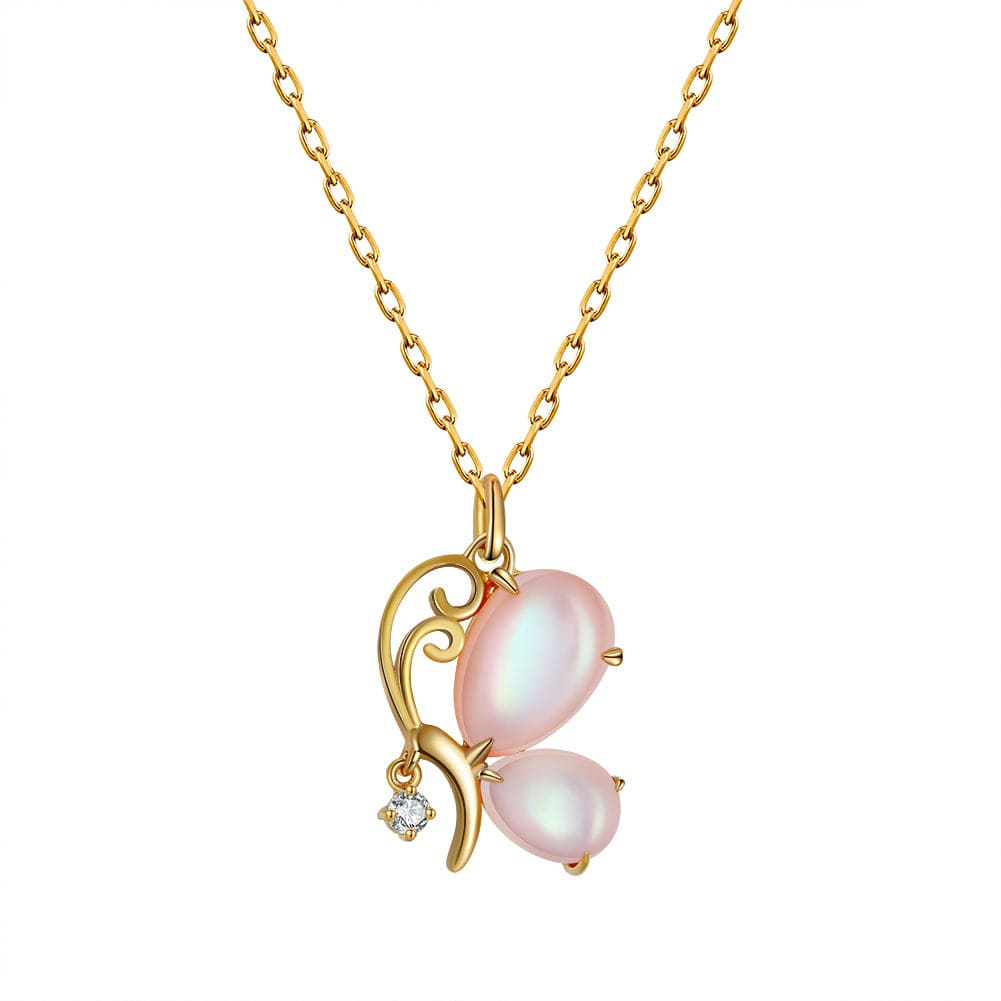 Butterfly Solid Gold Necklace - Mother of Pearl-  Moissanite Diamond Pendant