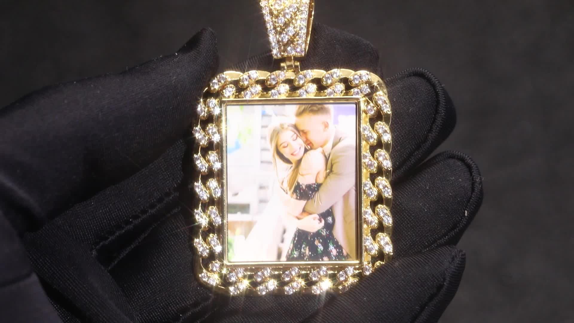 Cuban Shape Custom Photo Pendant Wholesale Gold Plated Zircon Diamond Picture Pendant Necklace