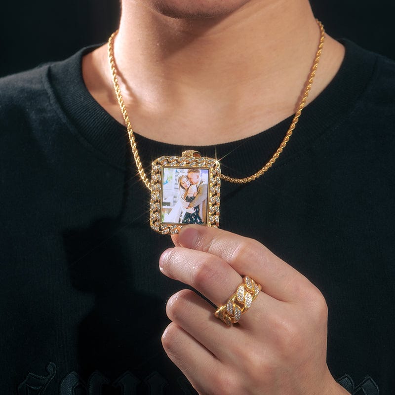 Cuban Shape Custom Photo Pendant Wholesale Gold Plated Zircon Diamond Picture Pendant Necklace