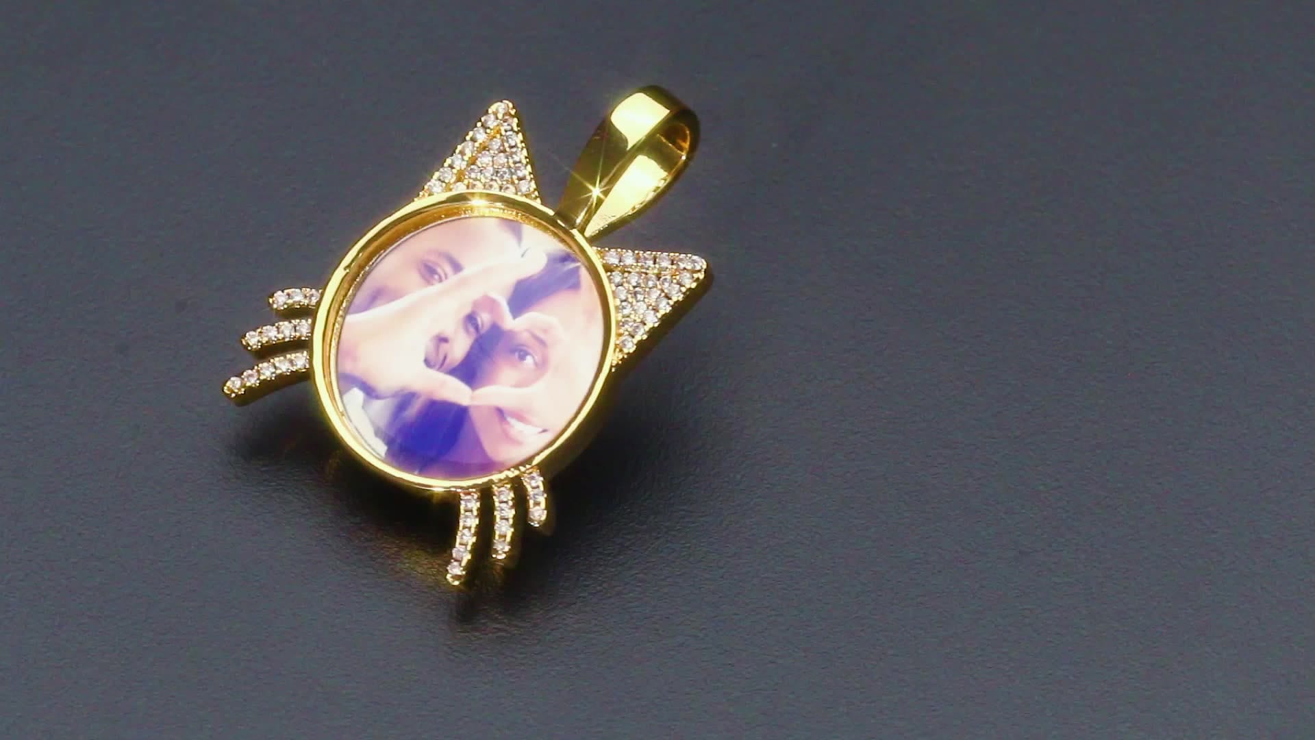 Custom Gold Plated Cute Cat Head Photo Pendant Bling CZ Diamond Memory Photo Frame Pendant