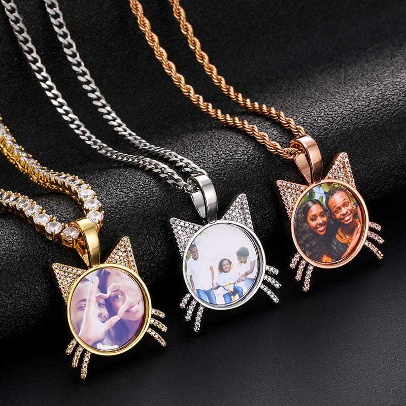 Custom Gold Plated Cute Cat Head Photo Pendant Bling CZ Diamond Memory Photo Frame Pendant