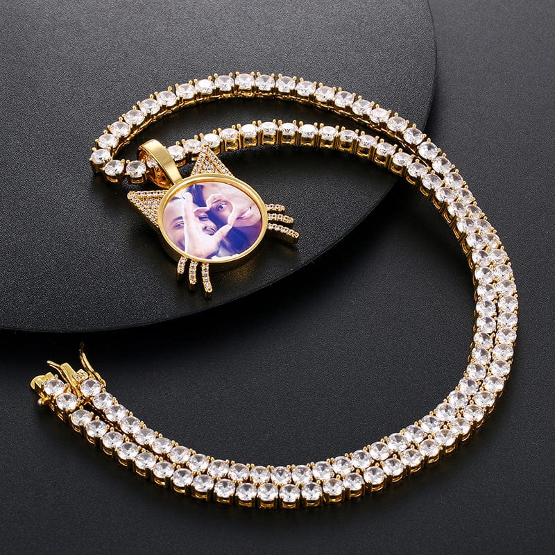 Custom Gold Plated Cute Cat Head Photo Pendant Bling CZ Diamond Memory Photo Frame Pendant