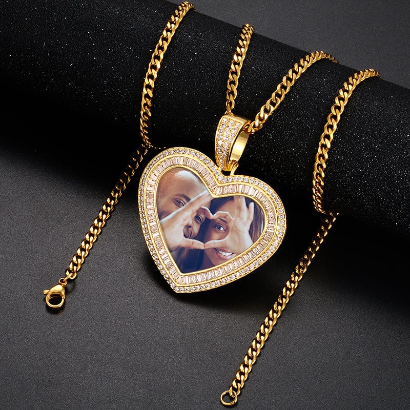 Custom Heart Shape 18k Gold Plated Jewelry Findings Cuban Chain Picture Pendant