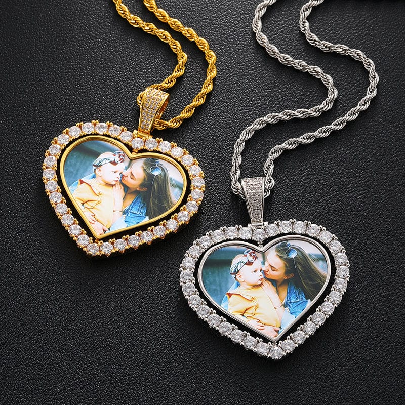 Custom Jewelry Heart Sublimation Spin Picture Pendant Necklace Iced Out Custom Photo Pendant
