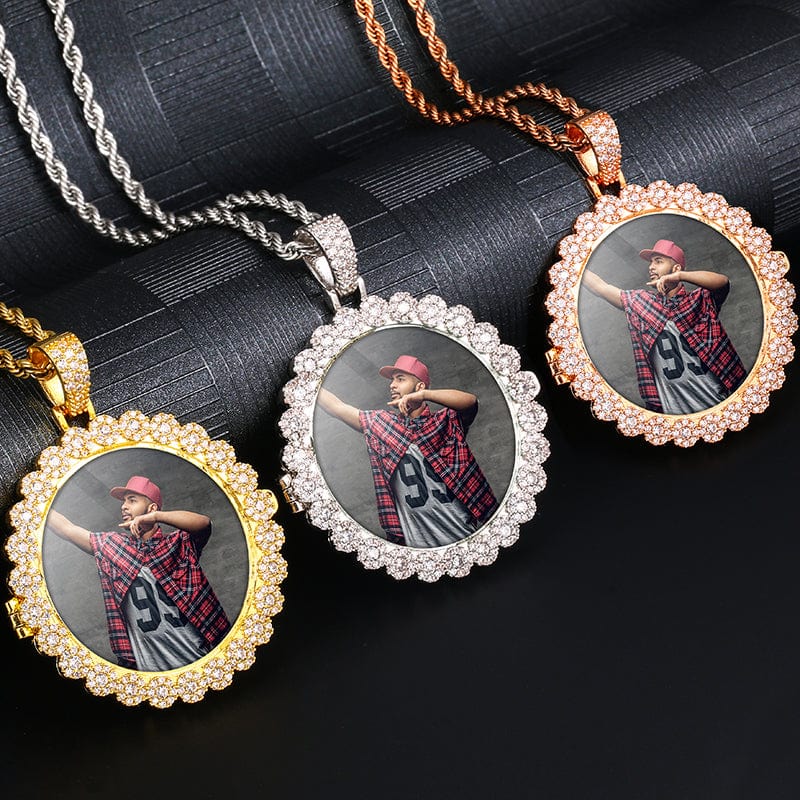 Custom Round Shape Hip Hop Charms Jewelry Gold Filled Necklace Crystal Cuban Chain Picture Pendent