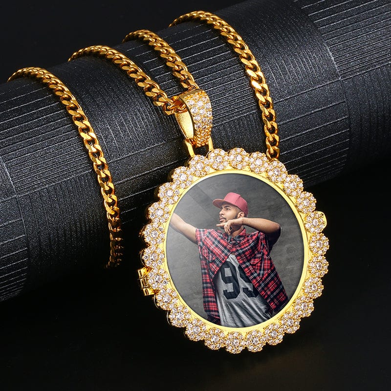 Custom Round Shape Hip Hop Charms Jewelry Gold Filled Necklace Crystal Cuban Chain Picture Pendent