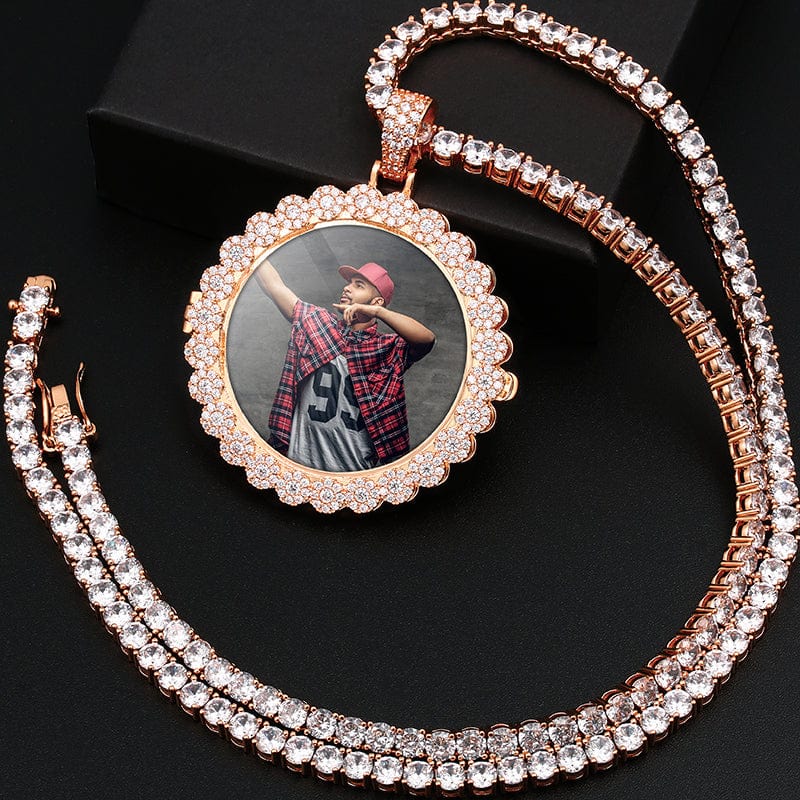 Custom Round Shape Hip Hop Charms Jewelry Gold Filled Necklace Crystal Cuban Chain Picture Pendent