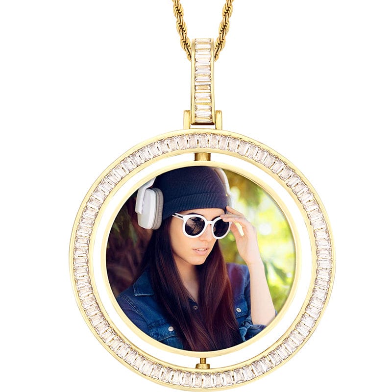 Custom Round Two Side Spin Gold Plated Jewelry Necklace Photo Pendant Iced Out Baguette Crystal Picture Pendant