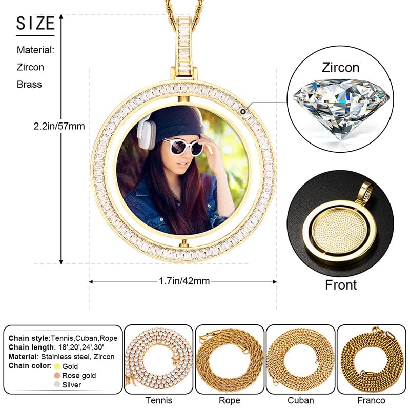Custom Round Two Side Spin Gold Plated Jewelry Necklace Photo Pendant Iced Out Baguette Crystal Picture Pendant
