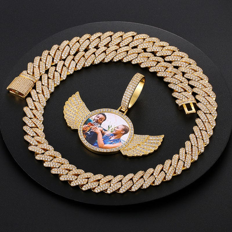 Drop Shipping Hip Hop Jewelry Sets Luxury 18K Gold Plated Custom Photo Wing Pendant With 12mm Miami Cuban Link Chain