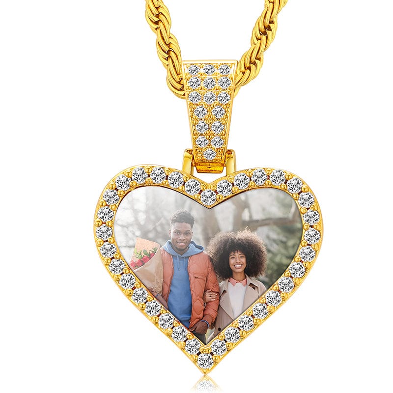 Engrave Name 18K Gold Plated Heart Pendant Necklace Iced Out Custom Photo Pendant