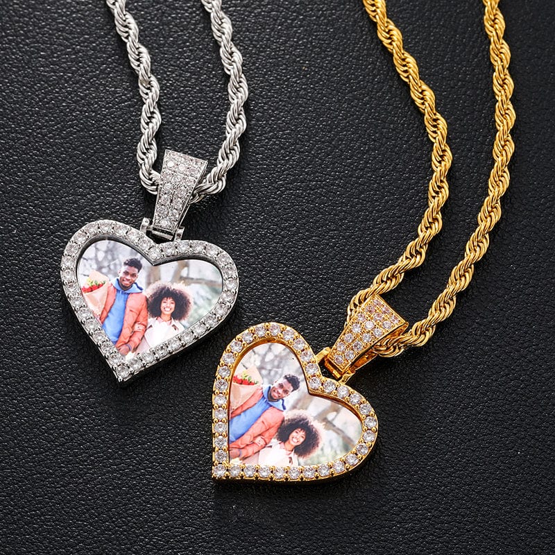 Engrave Name 18K Gold Plated Heart Pendant Necklace Iced Out Custom Photo Pendant