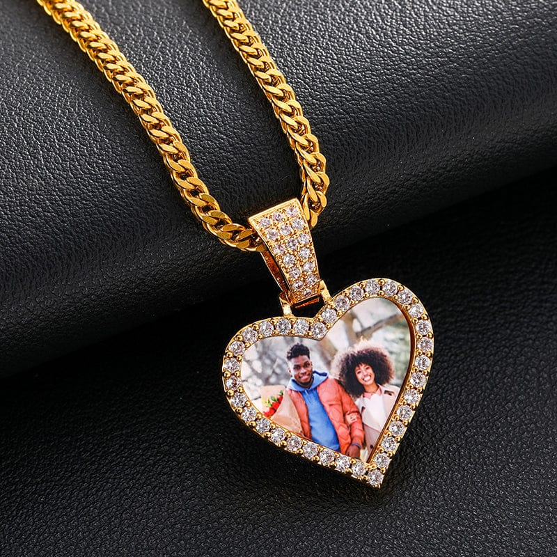 Engrave Name 18K Gold Plated Heart Pendant Necklace Iced Out Custom Photo Pendant