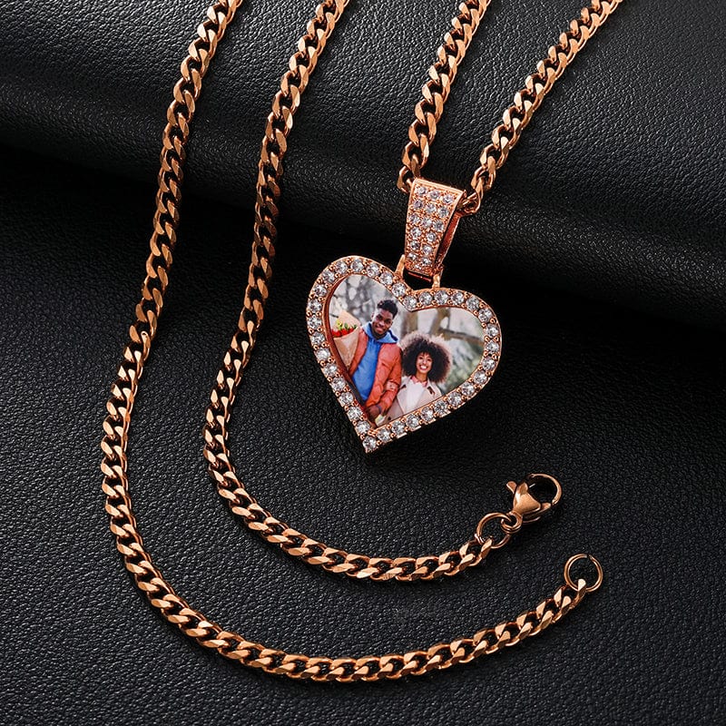 Engrave Name 18K Gold Plated Heart Pendant Necklace Iced Out Custom Photo Pendant
