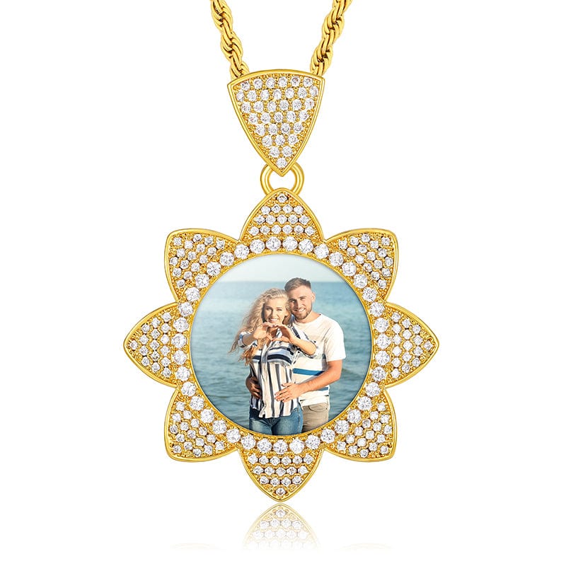 Flower Shape Custom Photo Necklace Icet Out Photo Pendant For Men Women