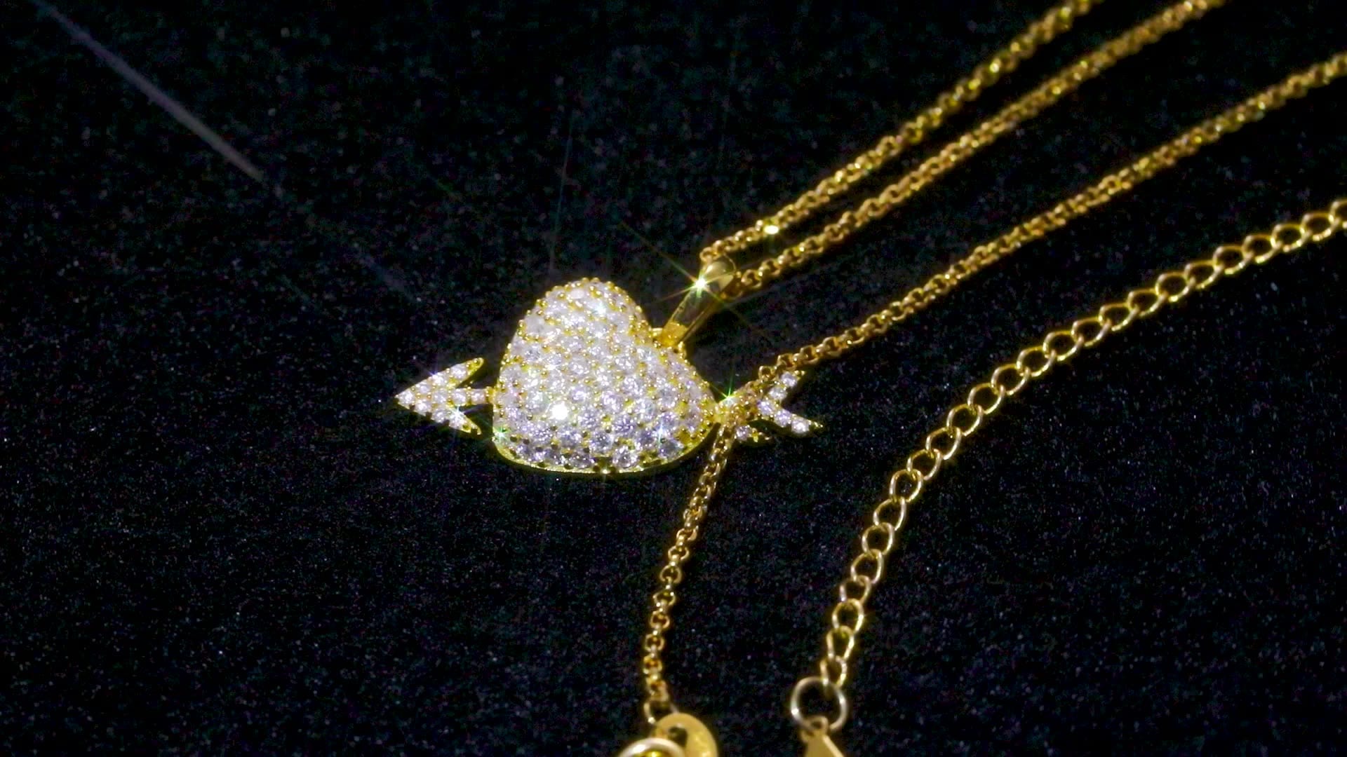 Full Paved VVS Moissanite Gold Plated Silver 925 Iced Out Arrow&Heart Charm Pendant Necklace