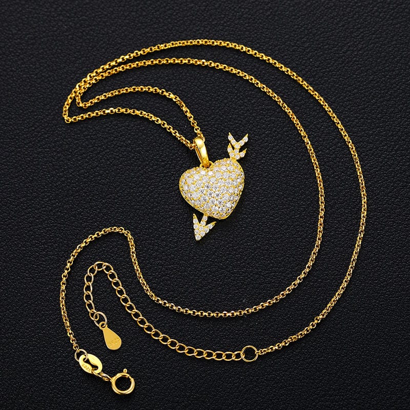 Full Paved VVS Moissanite Gold Plated Silver 925 Iced Out Arrow&Heart Charm Pendant Necklace