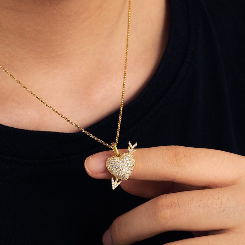 Full Paved VVS Moissanite Gold Plated Silver 925 Iced Out Arrow&Heart Charm Pendant Necklace