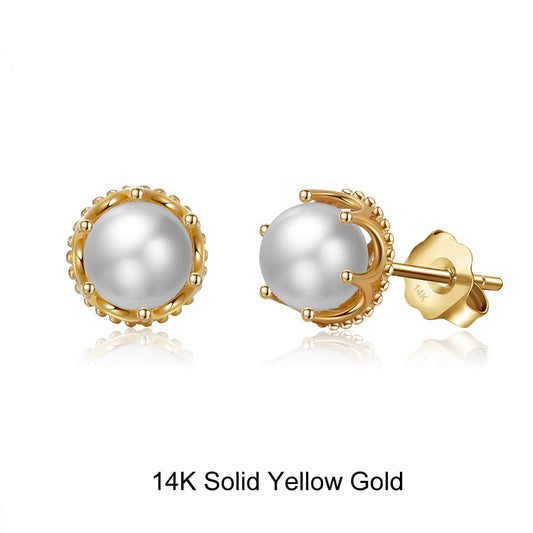 Solid Gold  Stud Earrings - Pearl Round Shape  Earring for Girls