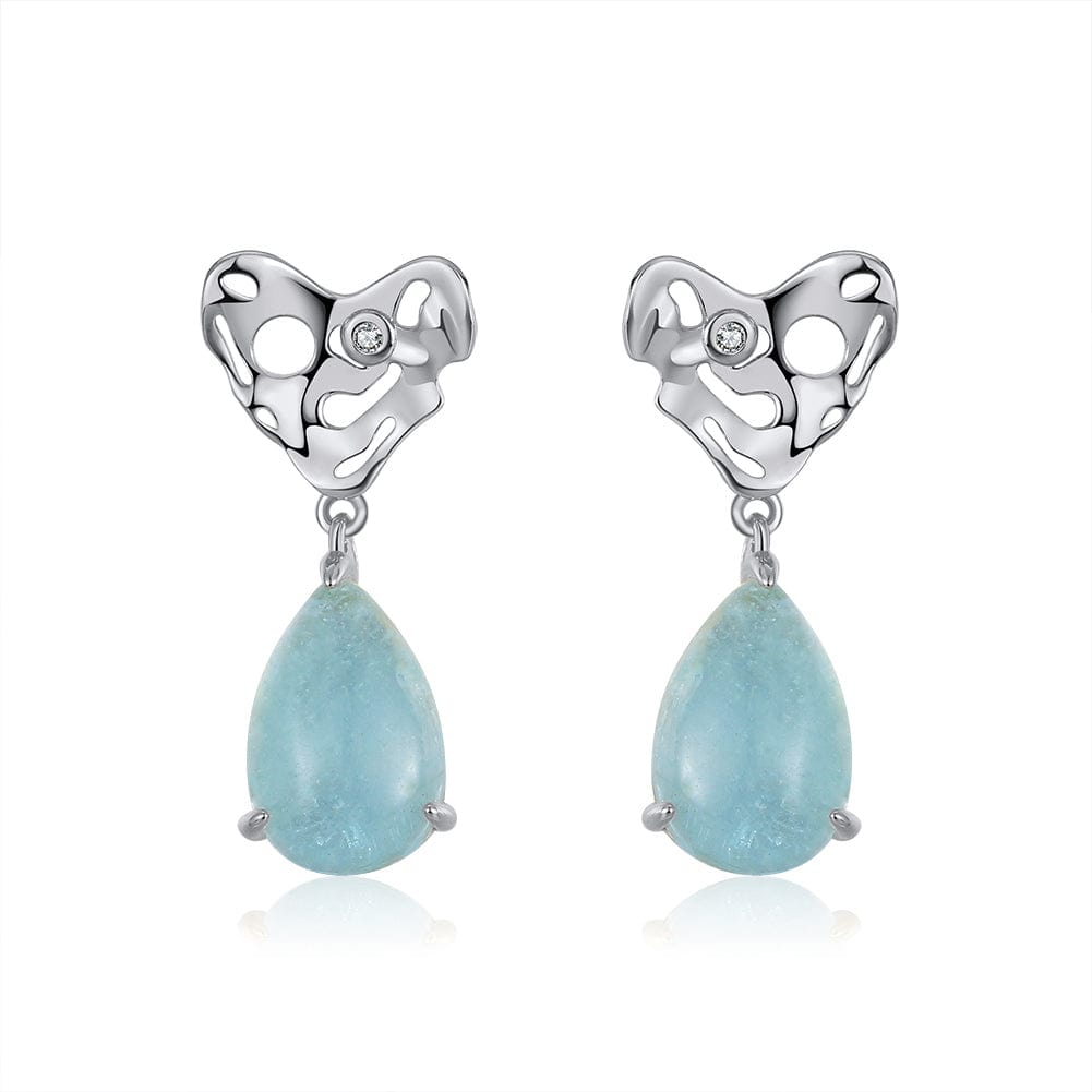 GME05-P RINNTIN GM Hammered Sterling Silver Handmade Heart Jewelry Set 100% Genuine Natural Pear Shape Aquamarine Gemstone Necklace Set