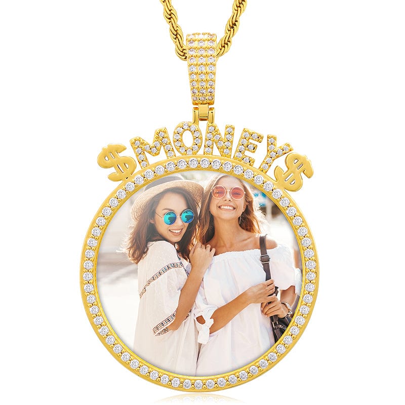 Gold 18K Gold Plated Copper CZ Crystal Money Picture Pendant Necklace