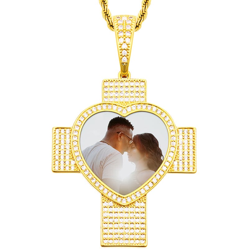 Gold 18K Gold Plated Cross Heart Charm Pendant Iced Out Zircon Custom Photo Pendant