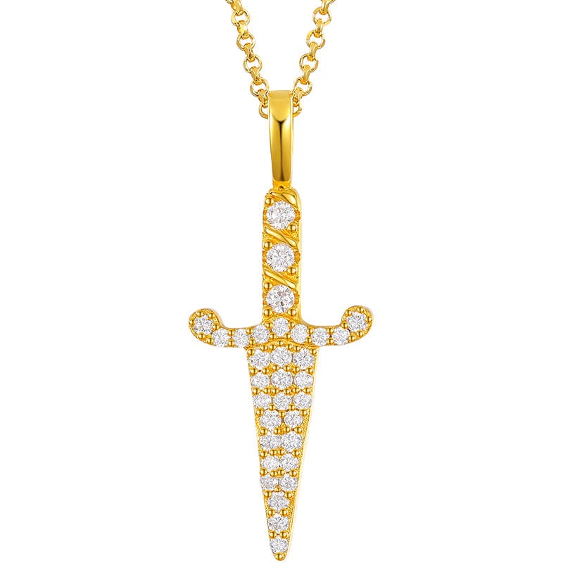 Gold 18K Gold Plated VVS Moissanite Diamond Sword Charm Pendant Necklace Bling Iced Out Pendant