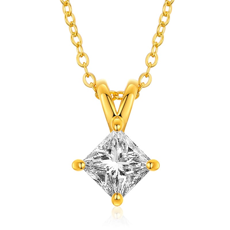 Gold 925 Sterling Silver - 1ct Princess Cut D Color VVS Moissanite Diamond Solitaire Pendant Necklace
