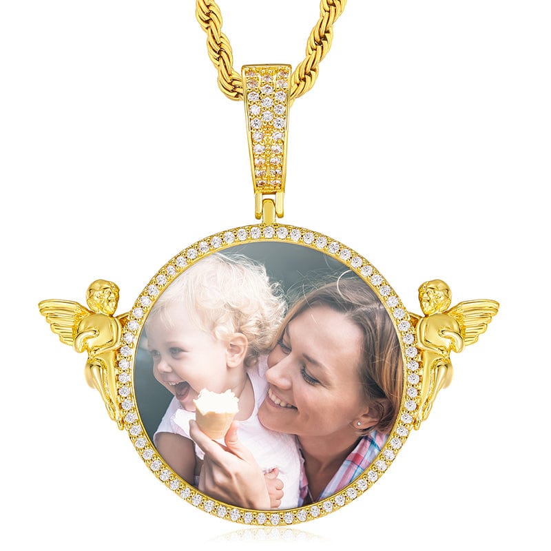 Gold Angel Guard Custom Picture Necklace Iced Out 18K Gold Plated ZIrcon Photo Pendant With Chain