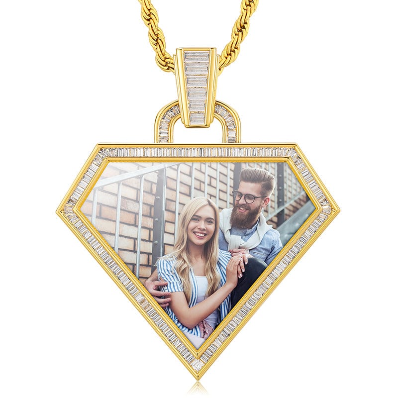 Gold ashion Personalize Sublimation Blank Diamond Shape Baguette Zircon Custom Photo Frame Pendant Necklace