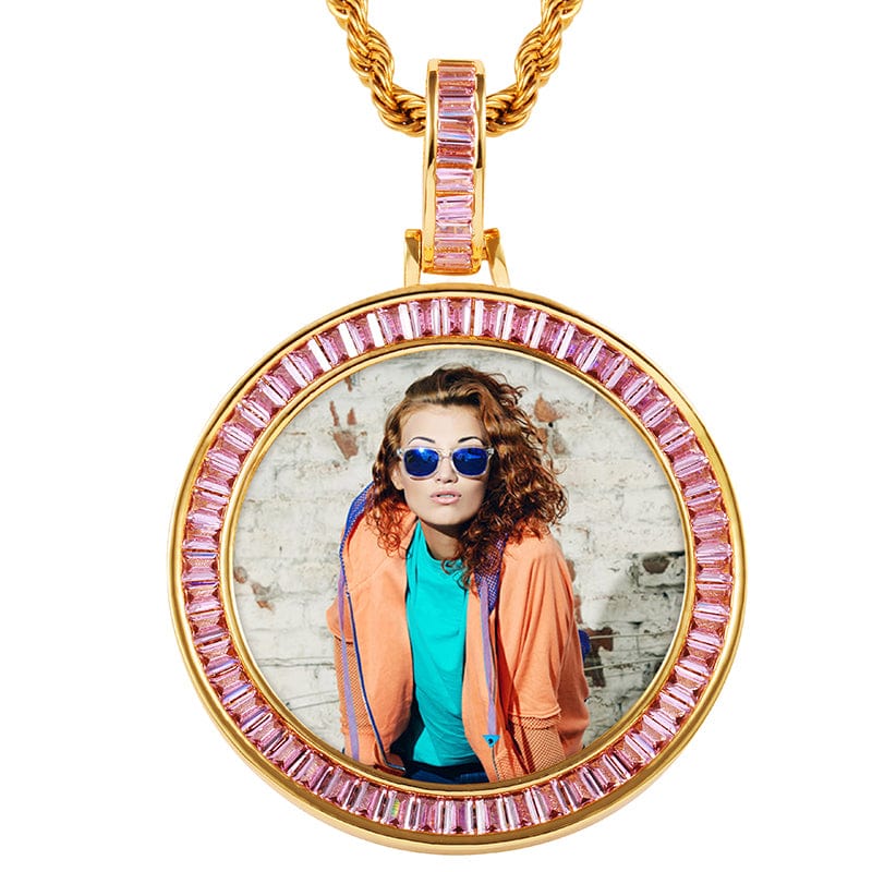 Gold Baguette Crystal Gemstone Bling Bling Charms Necklace Hip Hop Round Sublimation Picture Pendant